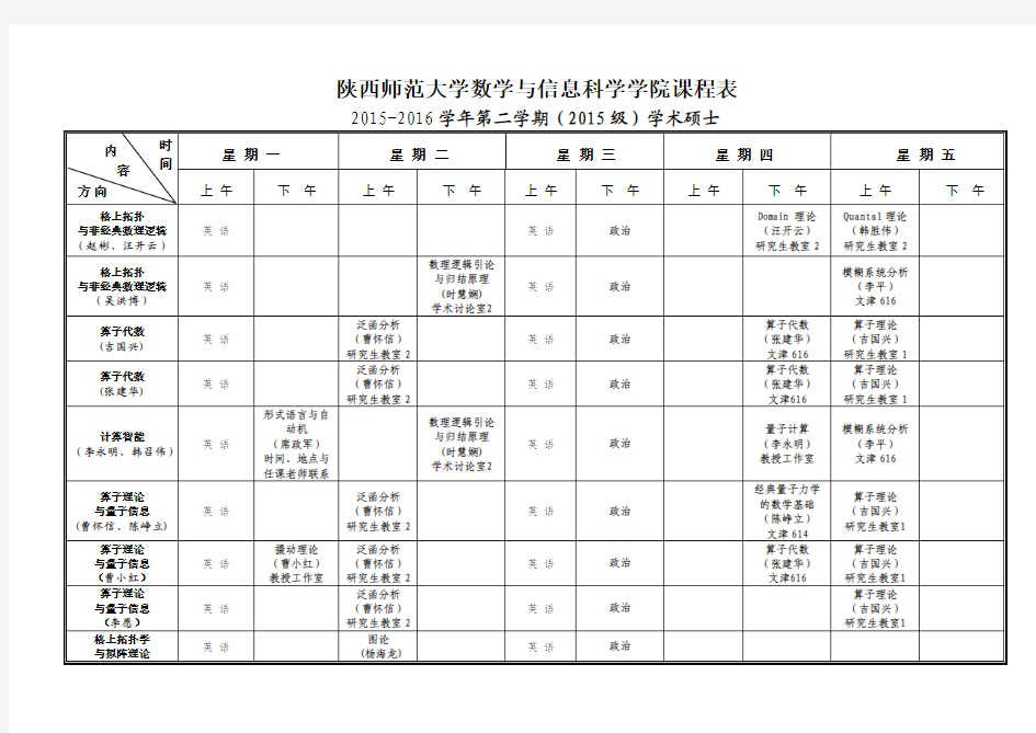 陕西师范大学数学与信息科学学院课程表(一)