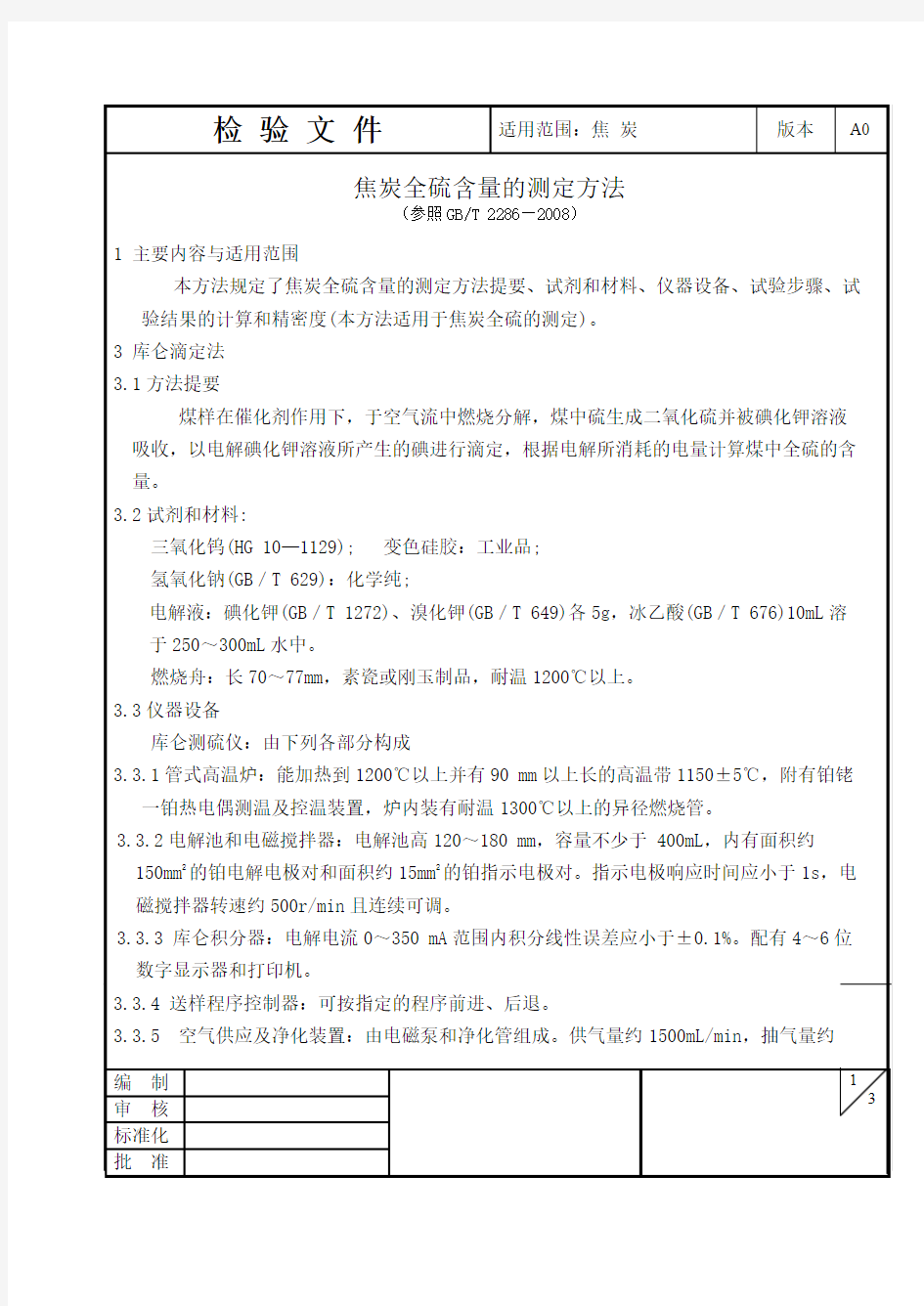 焦炭全硫含量测定方法