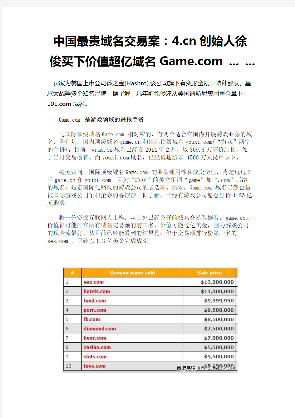 中国最贵域名交易案：4cn创始人徐俊买下价值超亿域名Gamecom ... ...