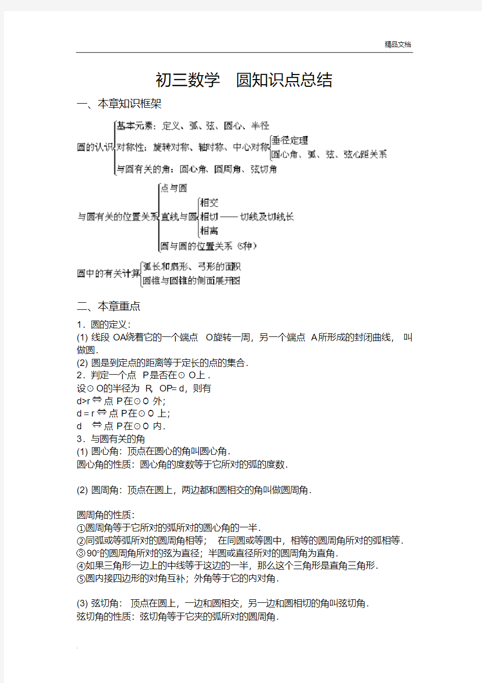 初三数学圆知识点总结