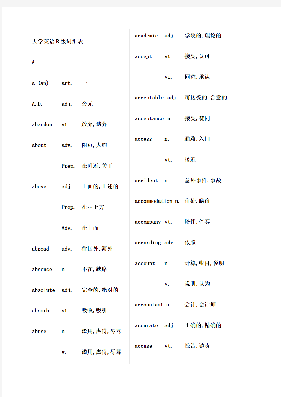 高等学校英语应用能力考试b级词汇表