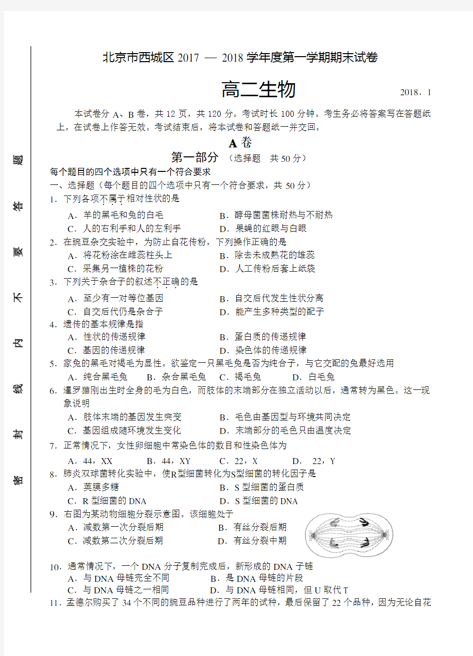 北京市西城区2017-2018学年高二第一学期期末考试生物试卷(含答案)