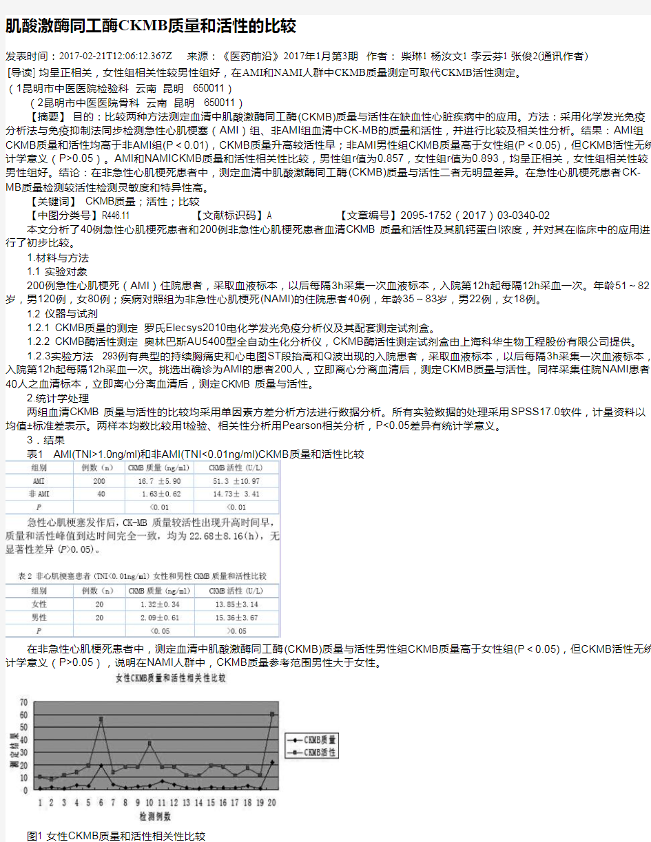 肌酸激酶同工酶CKMB质量和活性的比较