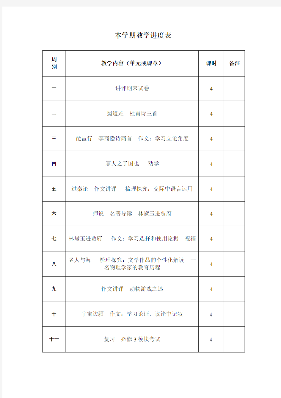 (完整)人教版高一下语文教学进度表