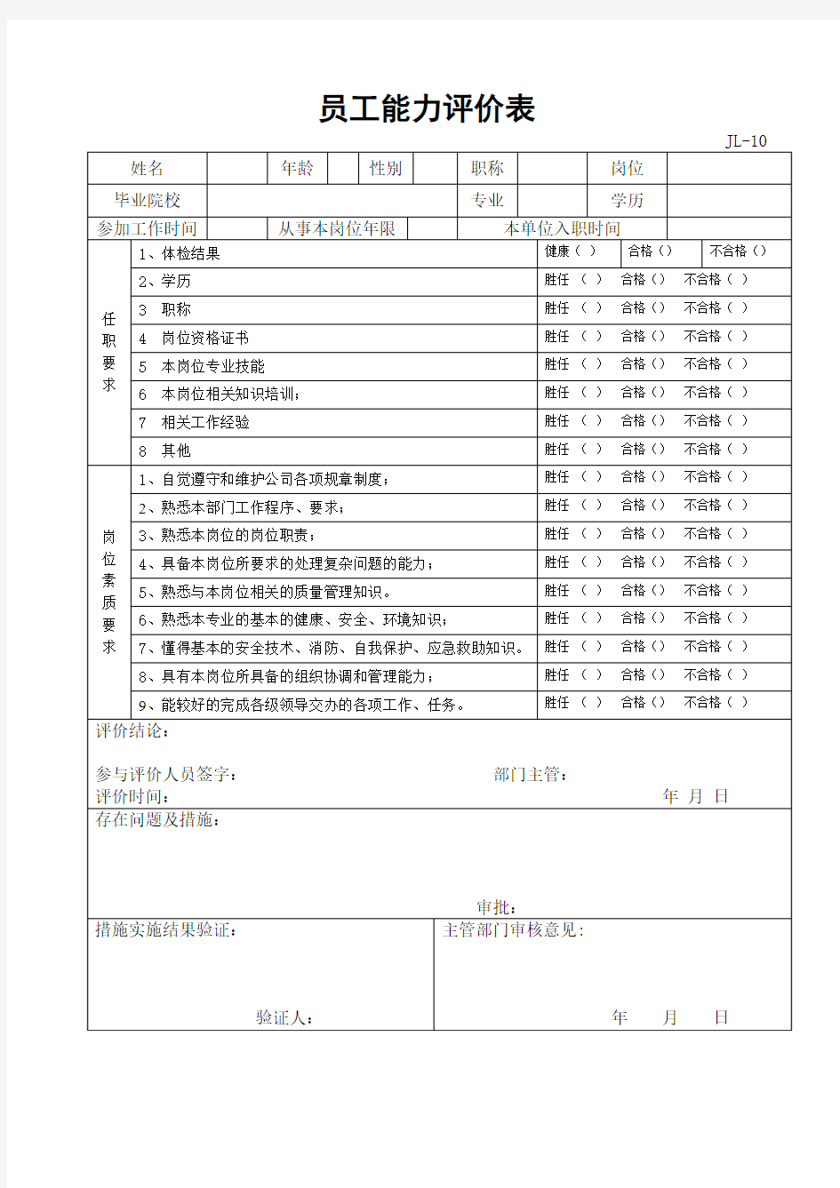 人员能力评价表