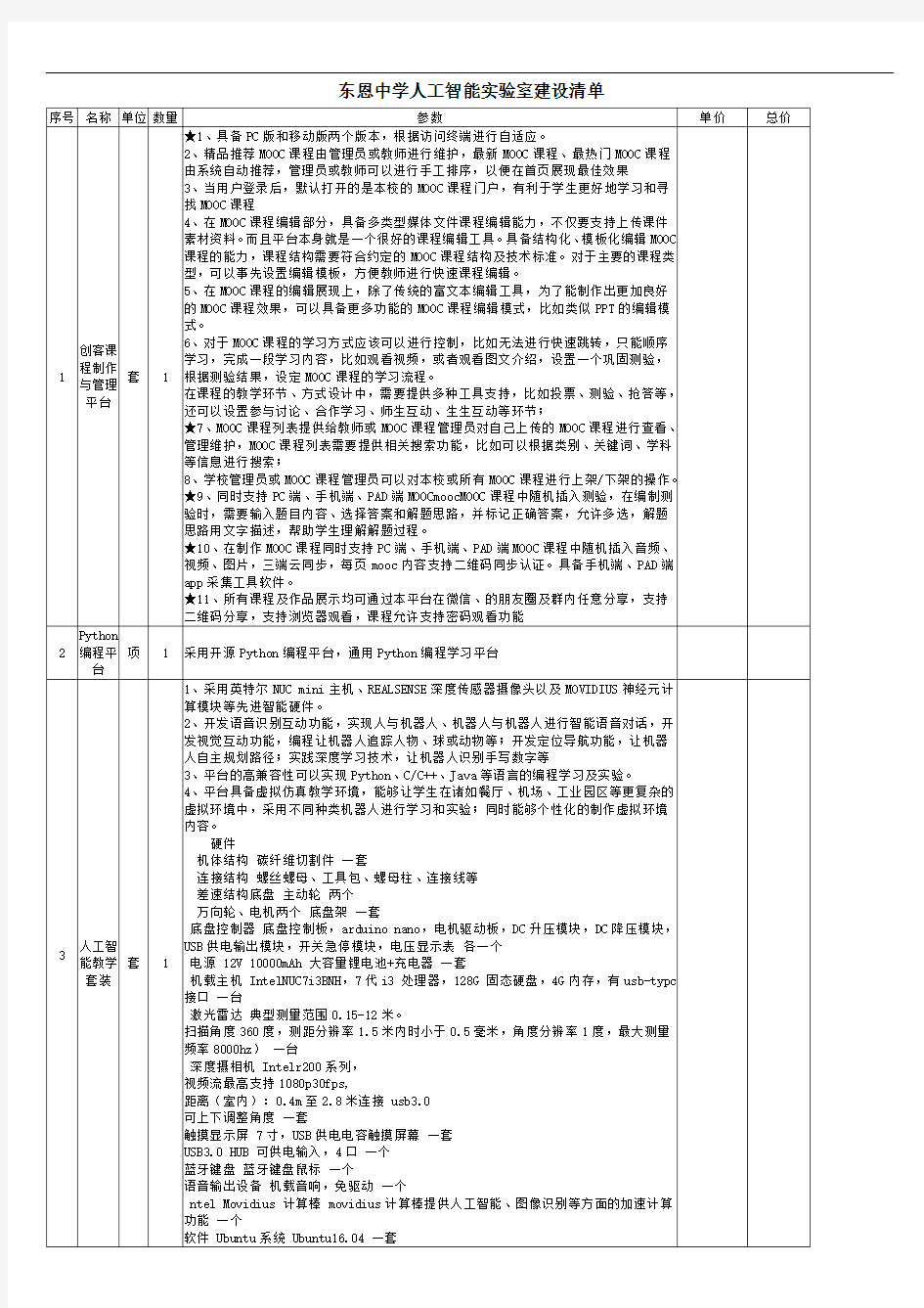 东恩中学人工智能实验室建设清单