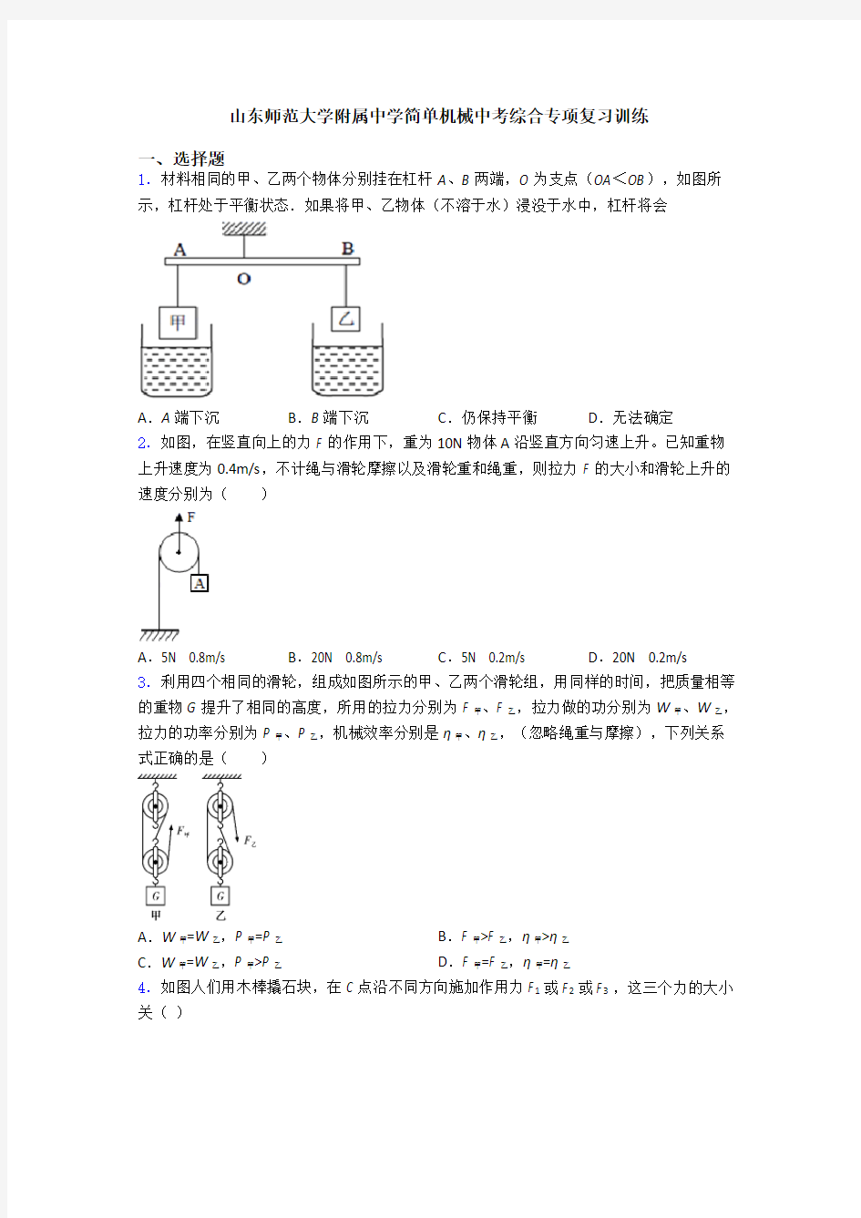 山东师范大学附属中学简单机械中考综合专项复习训练