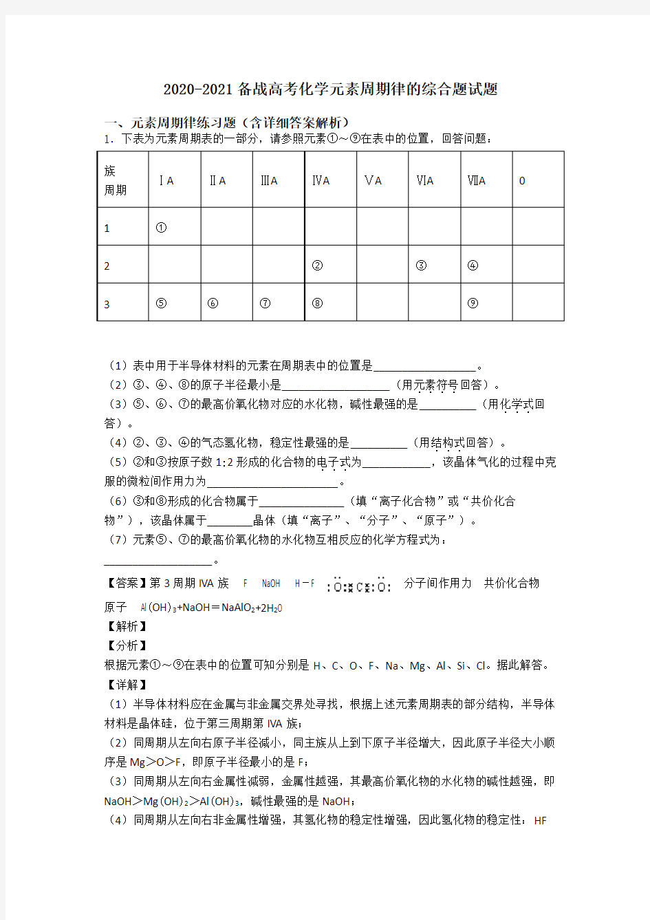 2020-2021备战高考化学元素周期律的综合题试题