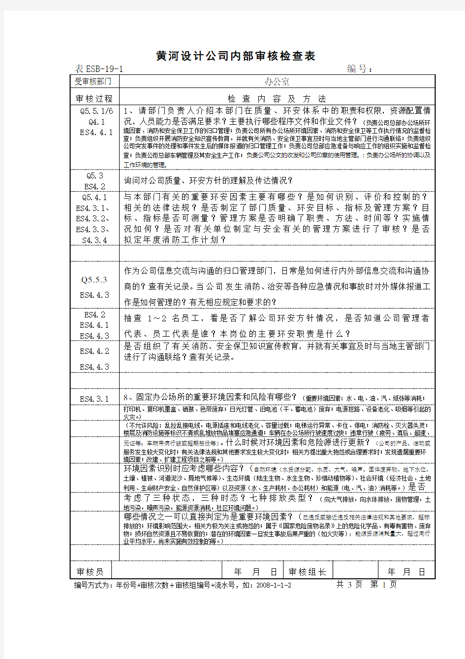 QES三体系办公室内审检查表(监理三体系)