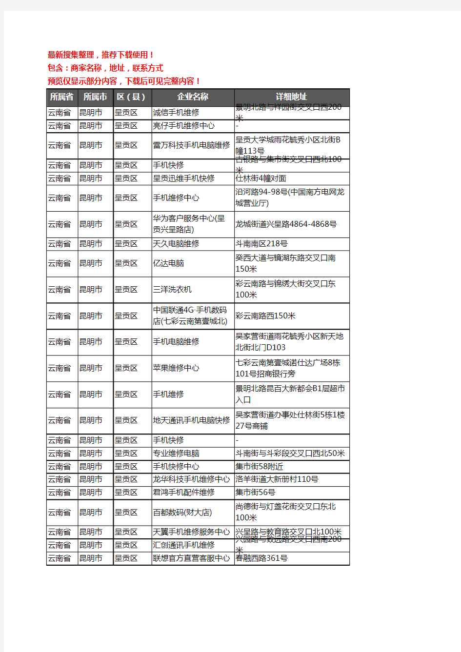 新版云南省昆明市呈贡区数码维修企业公司商家户名录单联系方式地址大全35家