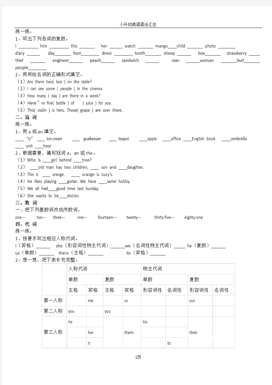 小升初英语语法汇总