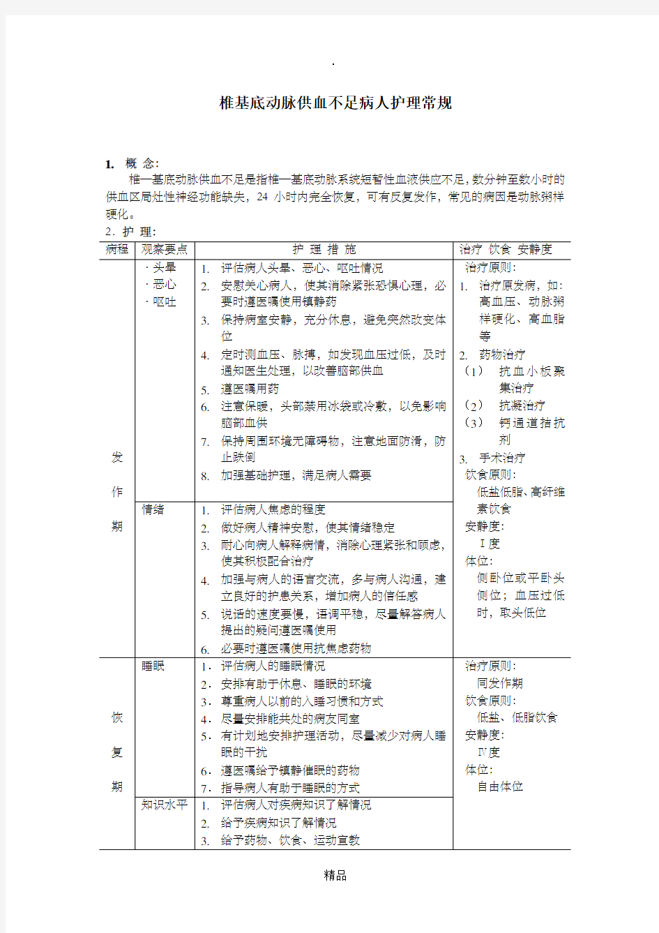 椎基底动脉供血不足病人护理常规