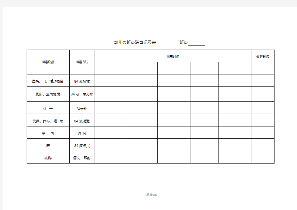 幼儿园班级消毒记录表-----------班级