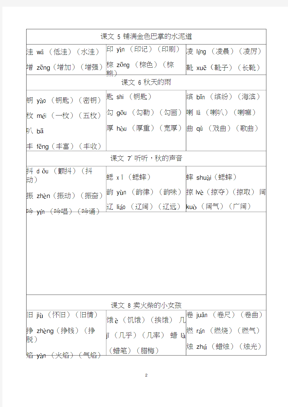 三年级语文上册识字表