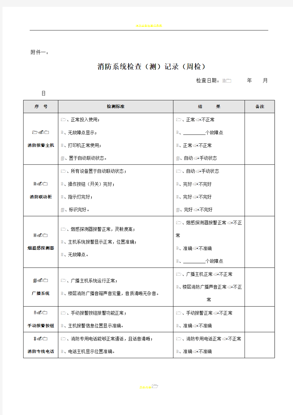 消防系统检查记录表(周检-附件一)