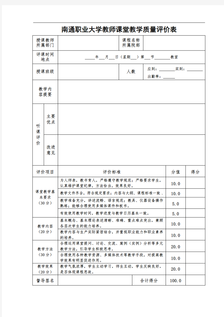 南通职业大学教师课堂教学质量评价表