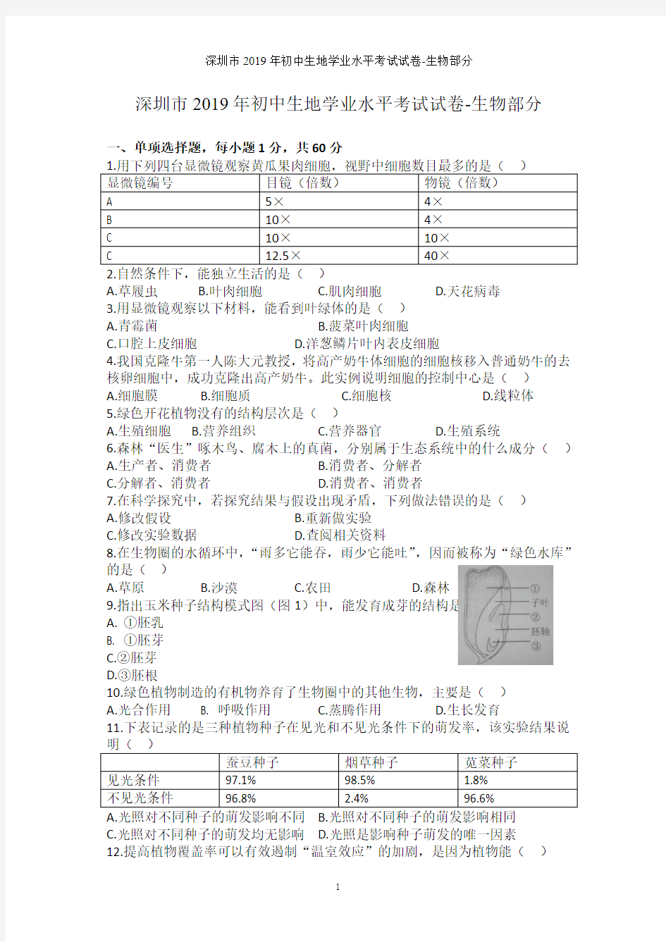 深圳市2019年初中生地学业水平考试试卷-生物部分