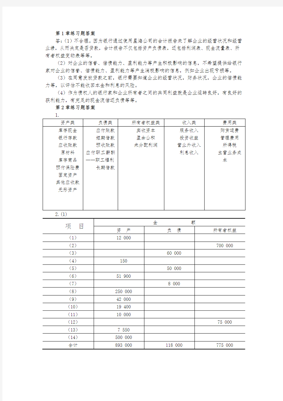 基础会计(第三版)教材复习题答案全