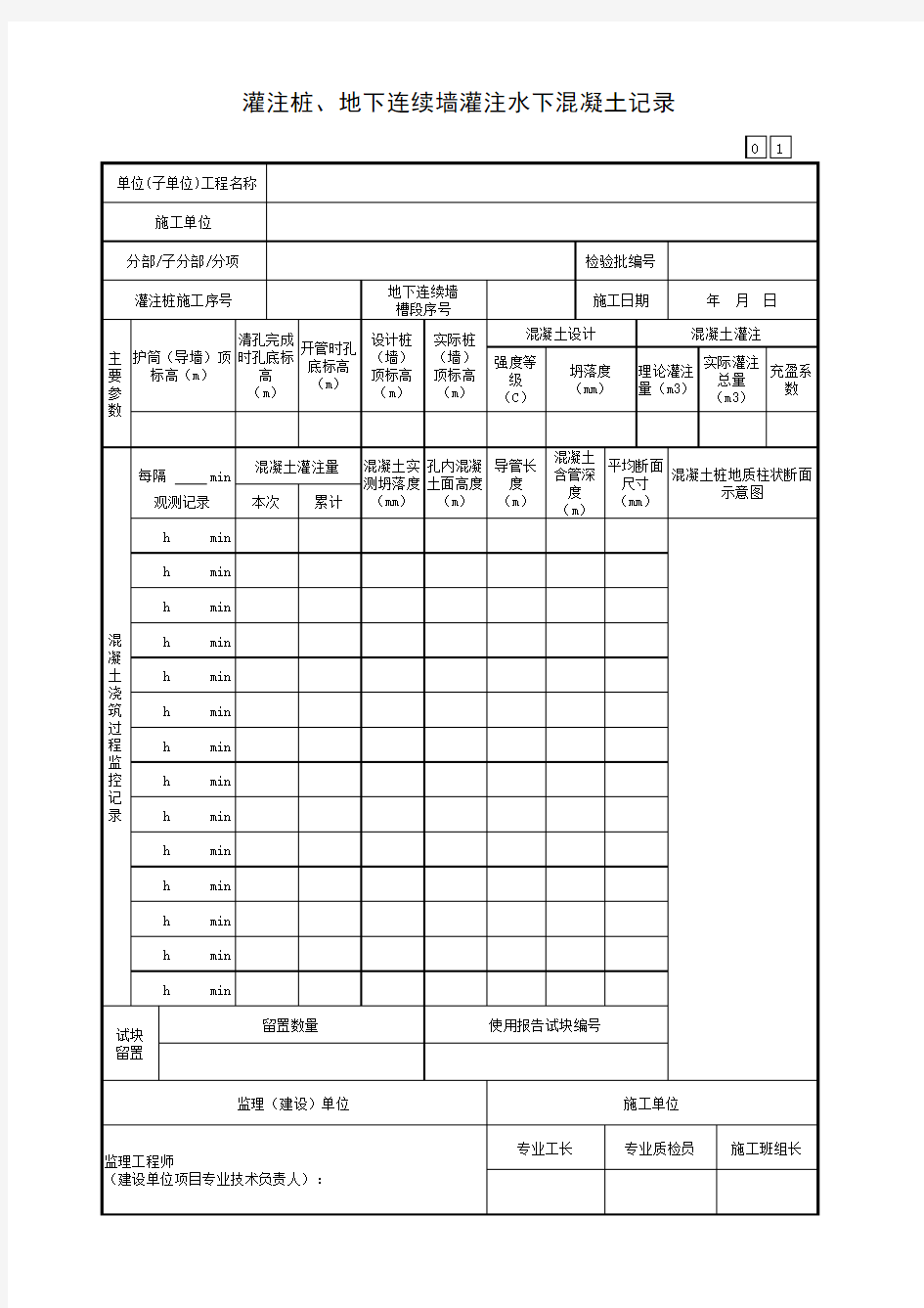 灌注桩、地下连续墙灌注水下混凝土记录