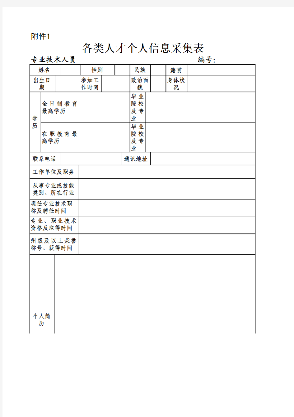 各类人才个人信息采集表