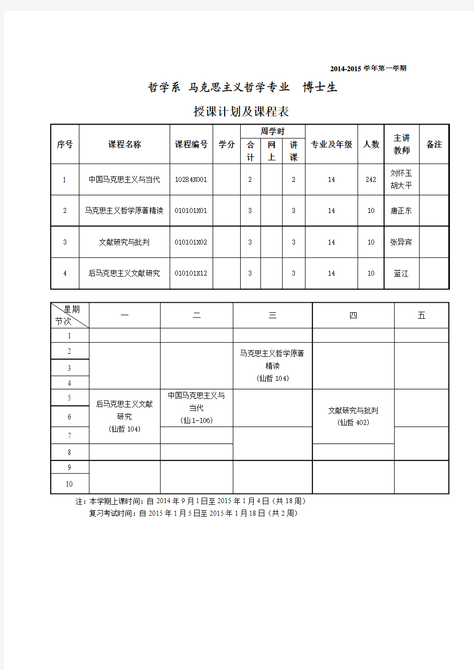 南京大学哲学系2014-2015学年第一学期研究生课程表