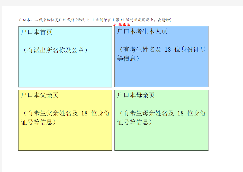 户口本、二代身份证复印件式样(请按1：1比例印在1张A4 …