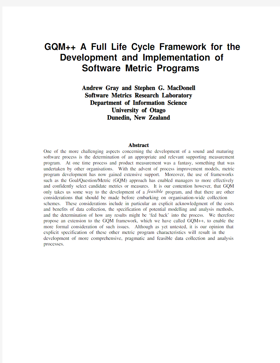 GQM++ A Full Life Cycle Framework for the Development and