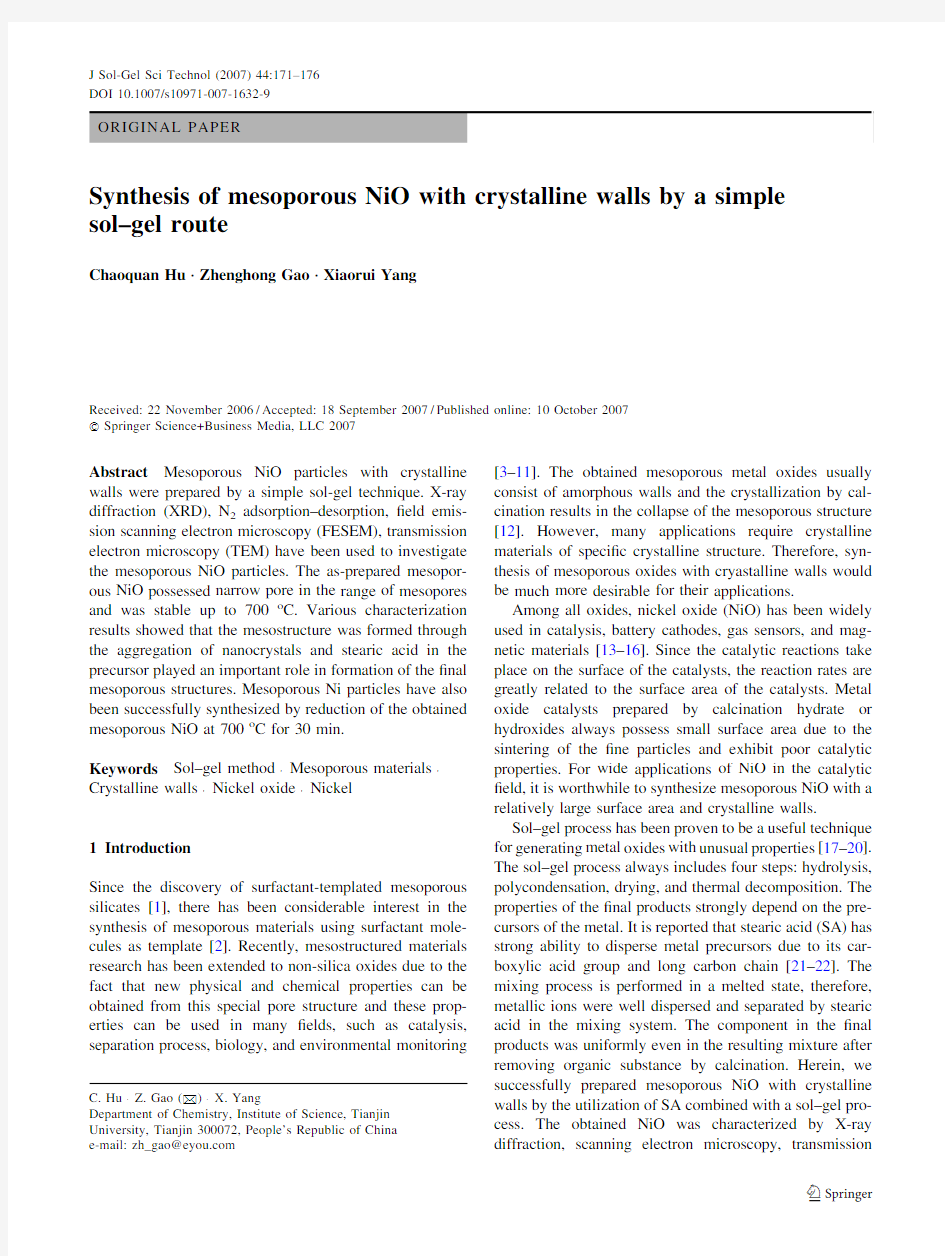 3  Synthesis of mesoporous NiO with crystalline walls by a simple sol gel route