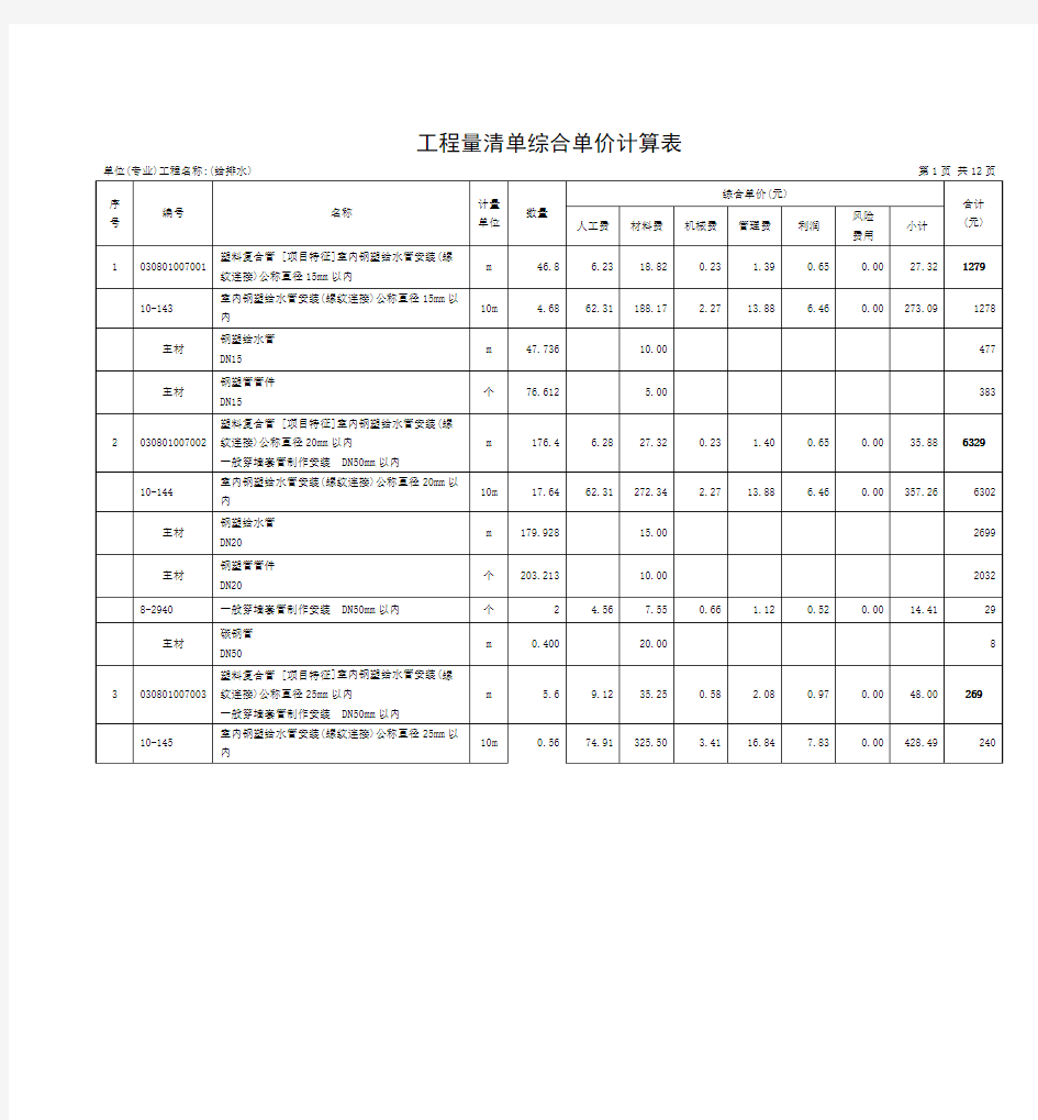 给排水案例计算表