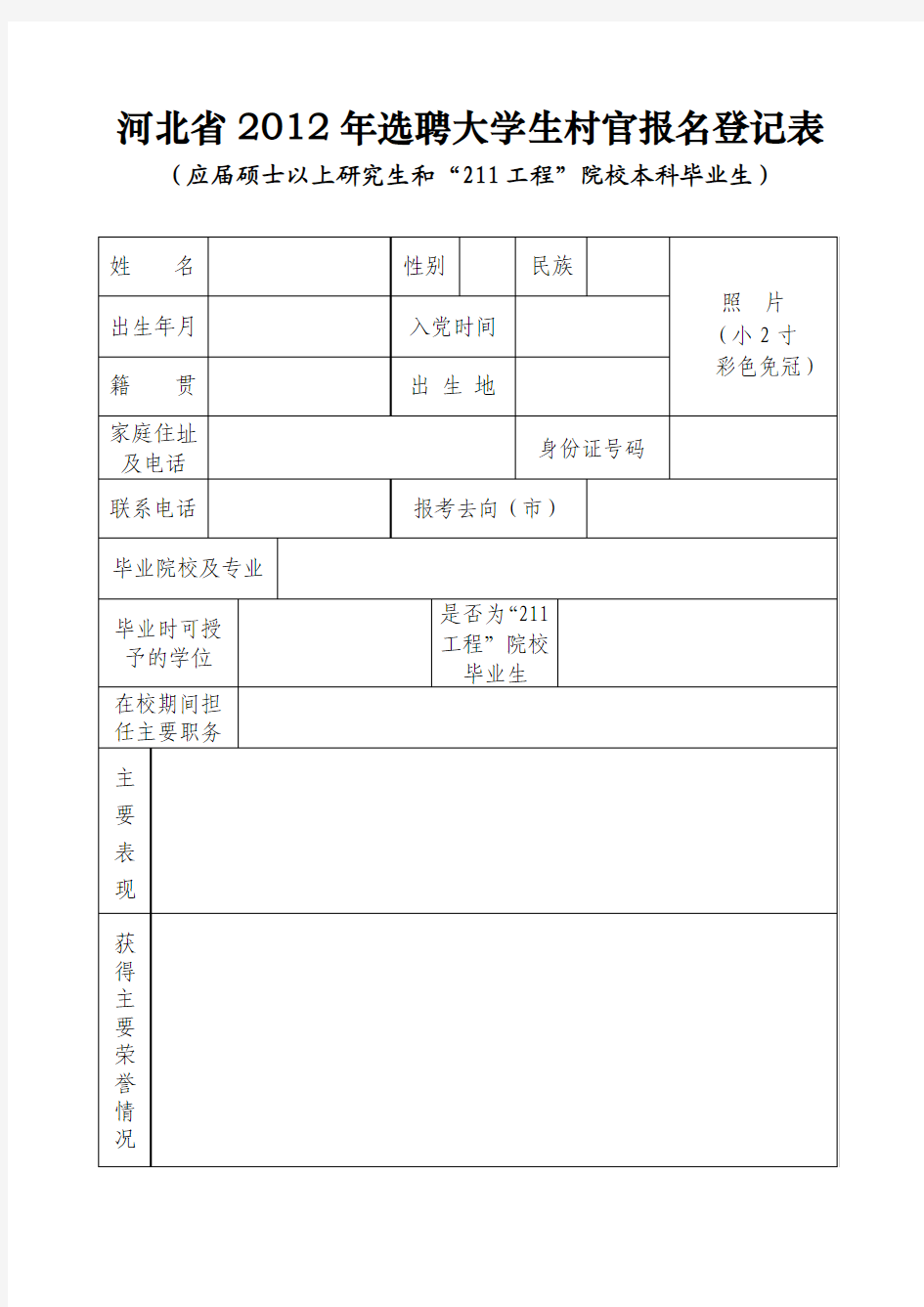 河北省2012年选聘大学生村官报名表(供研究生和211毕业生用)