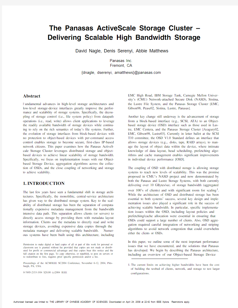 The Panasas ActiveScale Storage Cluster –Delivering Scalable High Bandwidth Storage