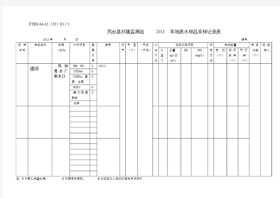 地表水水质采样记录