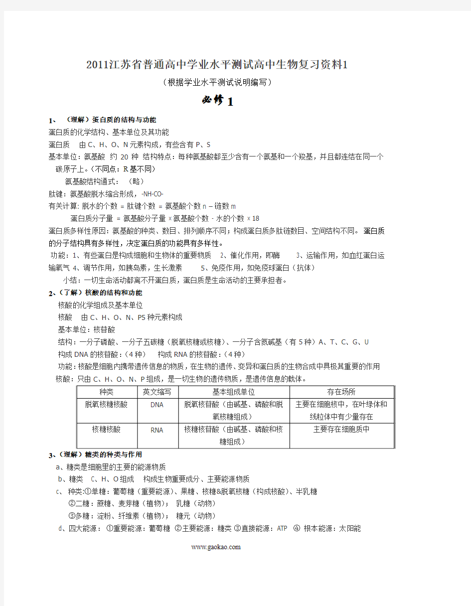 2011江苏省普通高中学业水平测试高中生物复习资料1