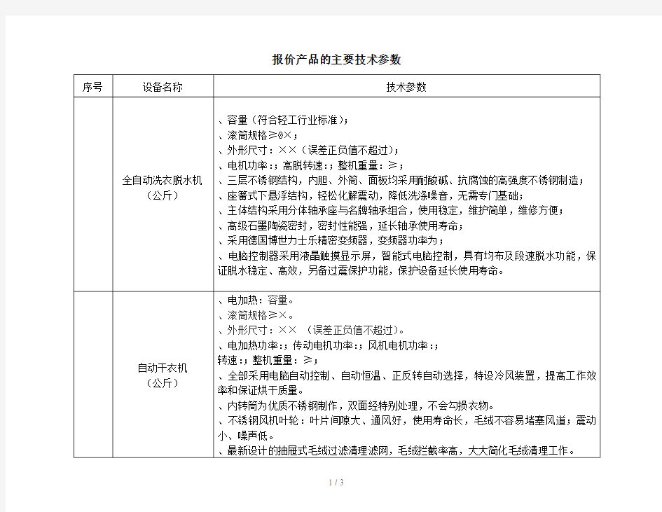 报价产品的主要技术参数