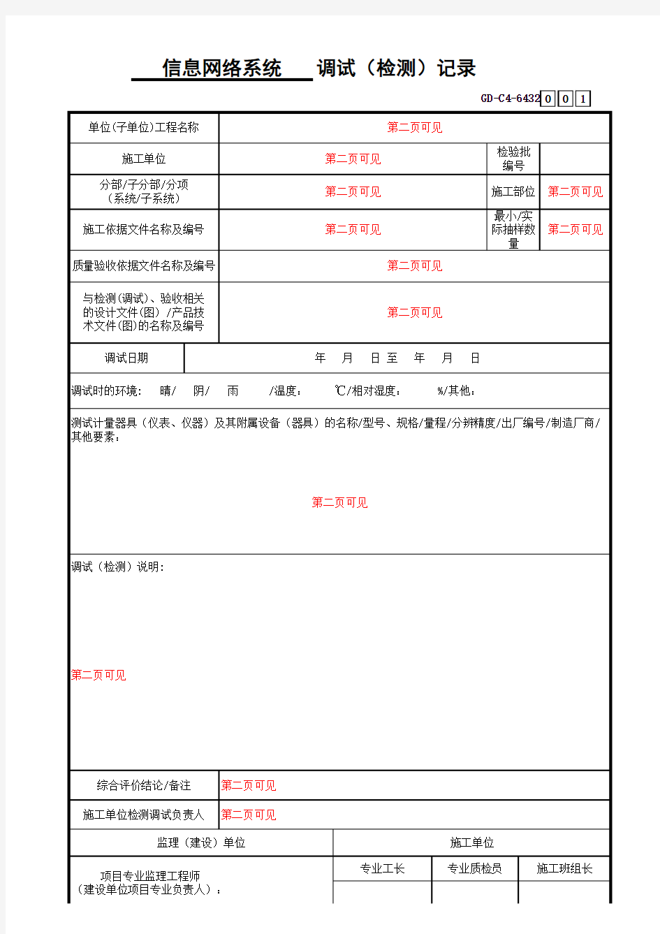 信息网络系统调试(检测)记录