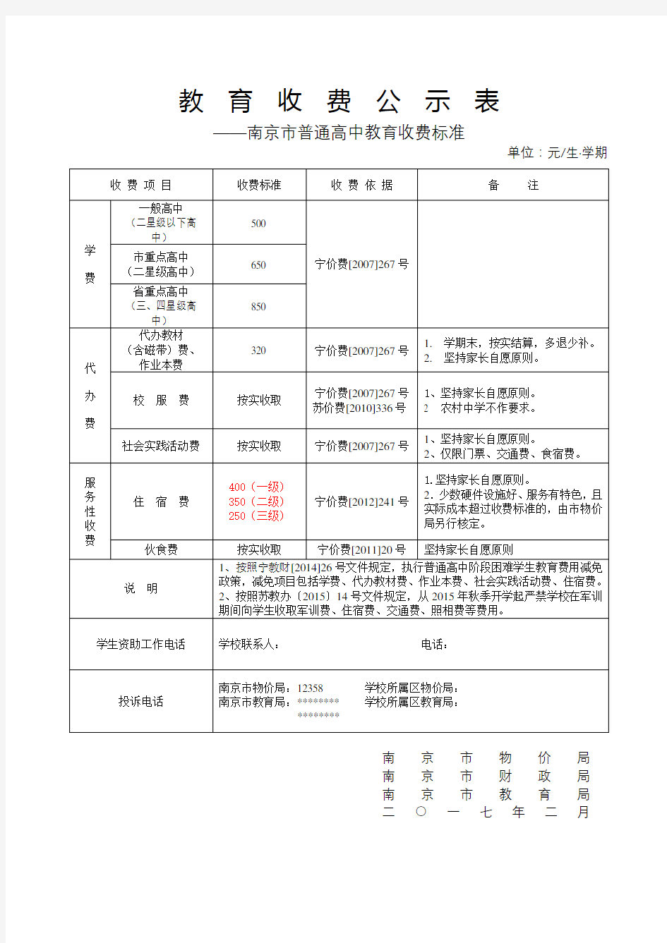 教育收费公示表——南京市普通高中教育收费标准【模板】