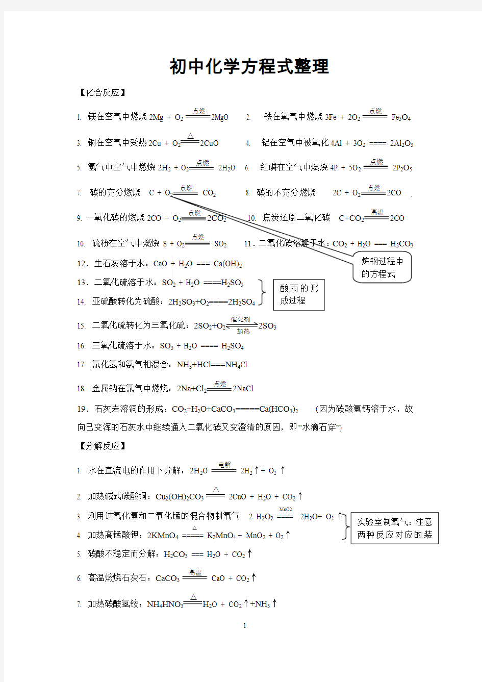 初中所有的化学方程式整理