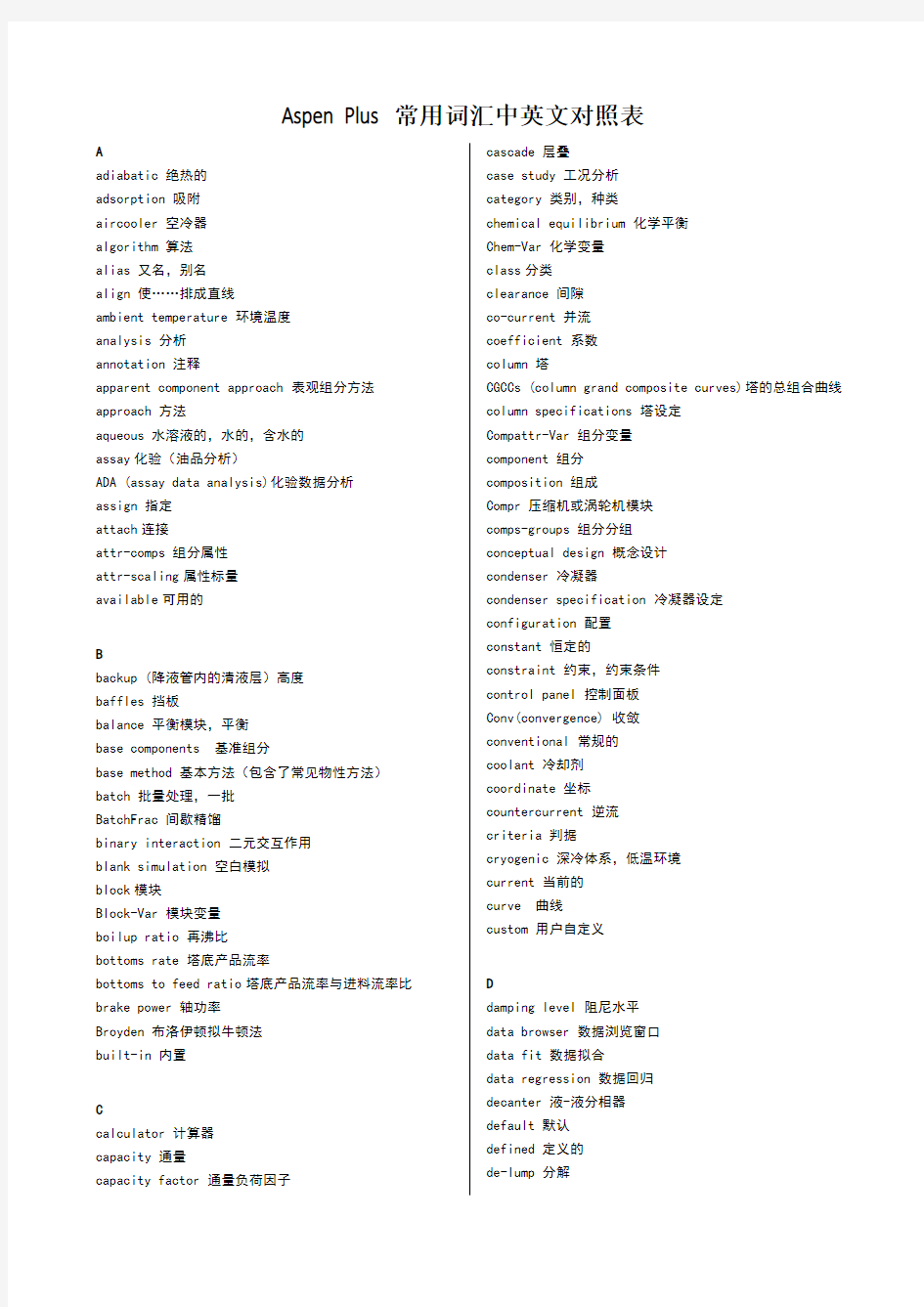aspenplus常用词汇中英文对照表
