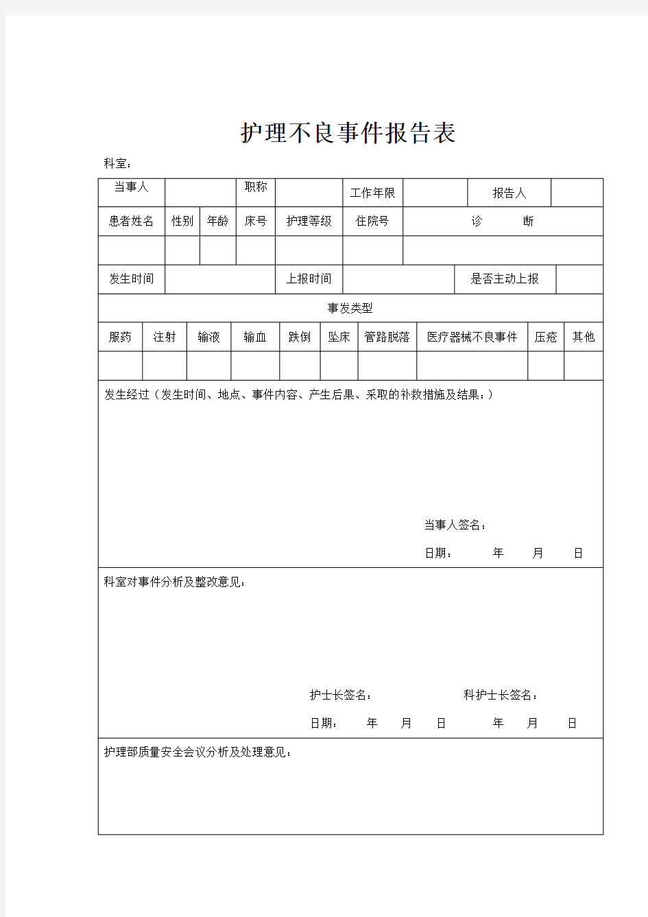 护理不良事件上报表