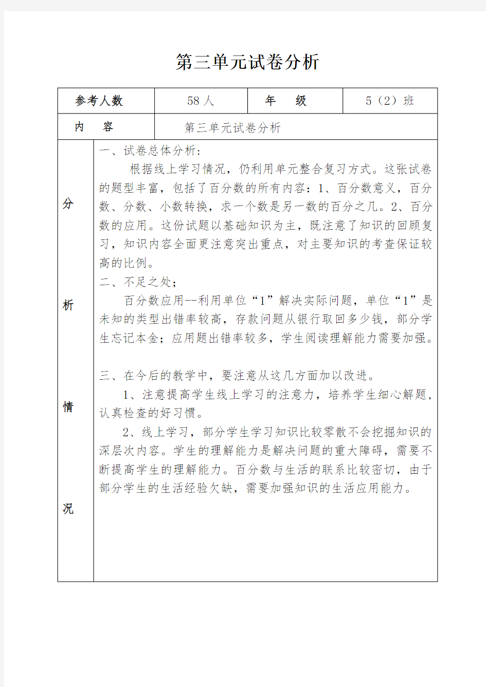 青岛版数学第三单元试卷分析