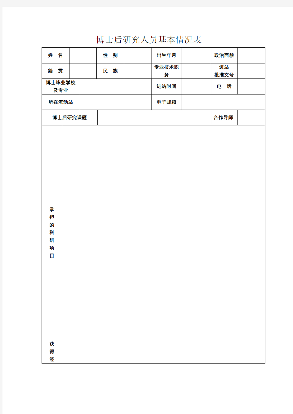 博士后研究人员基本情况表【模板】