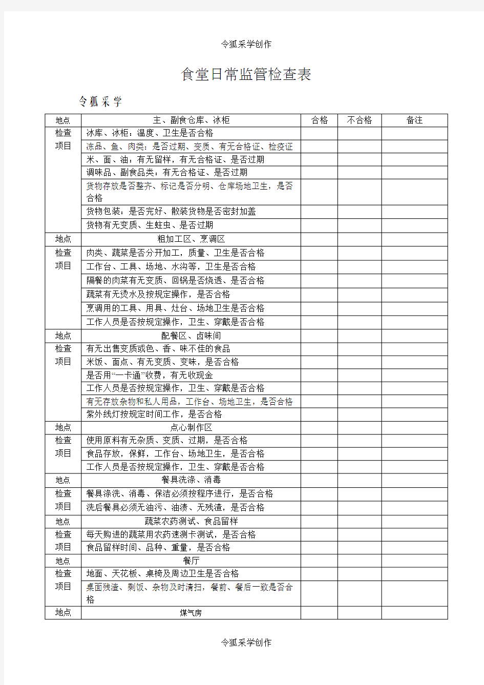 食堂日常监管检查表