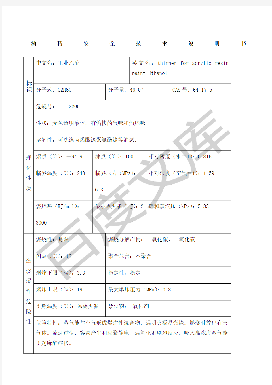 酒精安全技术说明书MSDS