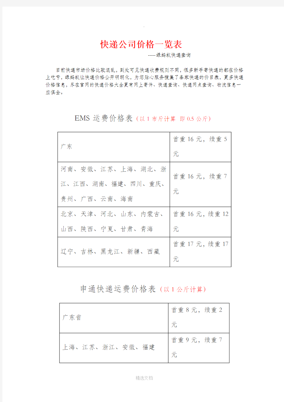 快递公司价格一览表