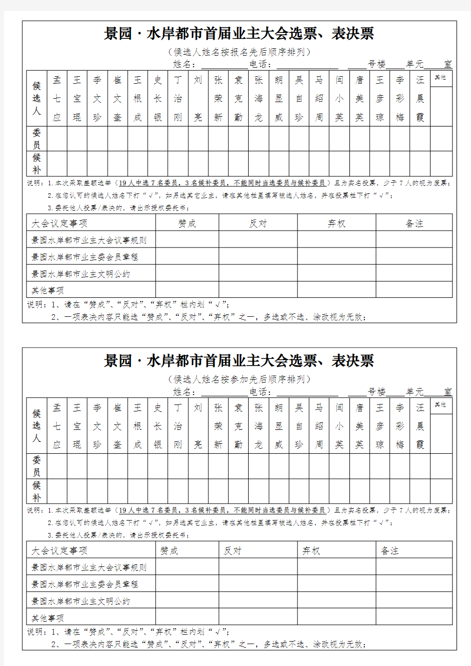 8业主委员会委员选票、表决票