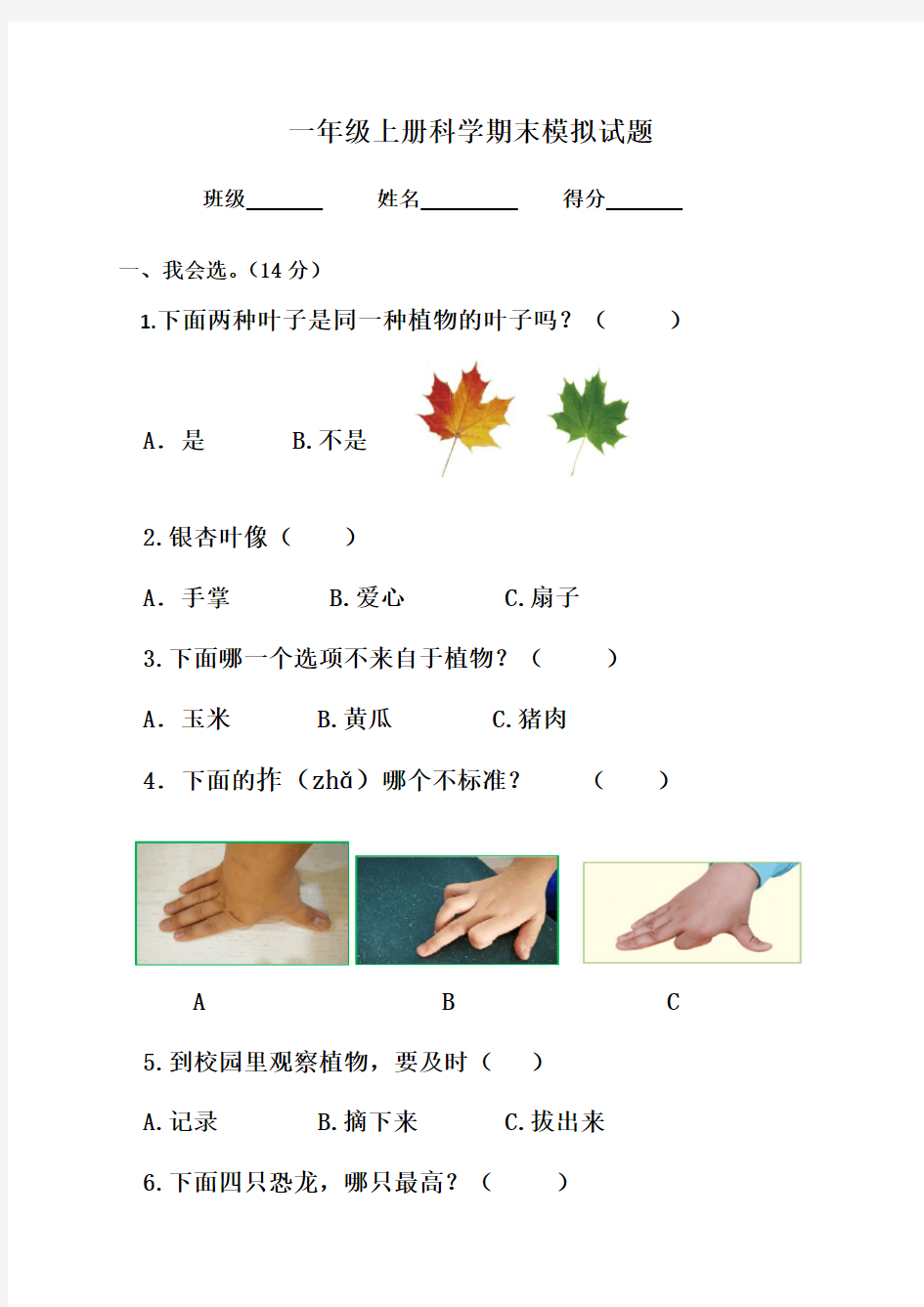 一年级上册科学期末模拟测试题