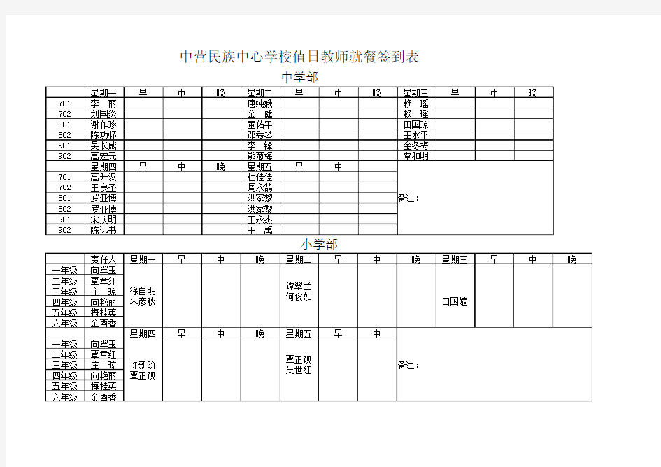 值日教师就餐签到表