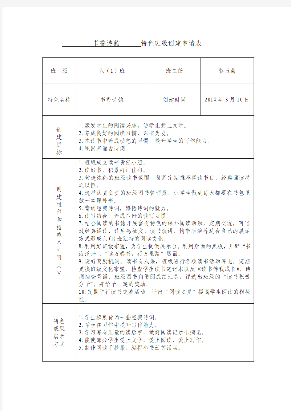 601书香诗韵 特色班级创建申请表 2