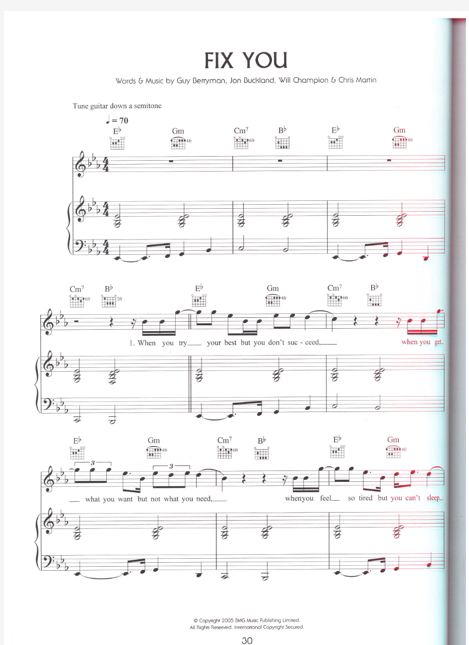 Fix You --Coldpay 钢琴谱&吉他谱