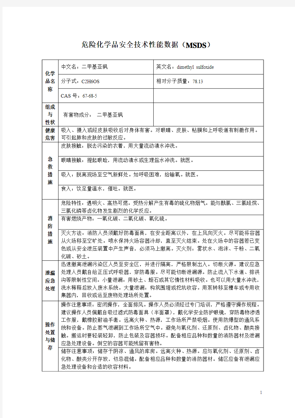 二甲基亚砜(MSDS)